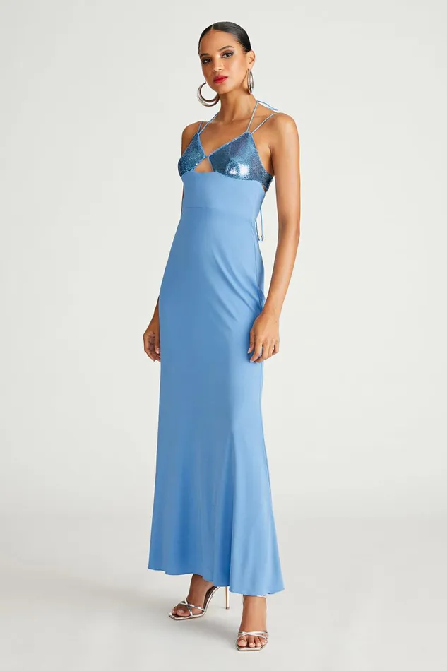 Dresses Women Halston Kasen Gown In Jersey and Sequin Tranquil Blue