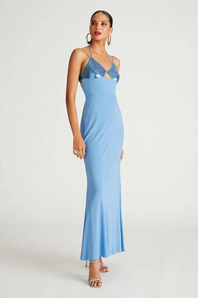 Dresses Women Halston Kasen Gown In Jersey and Sequin Tranquil Blue