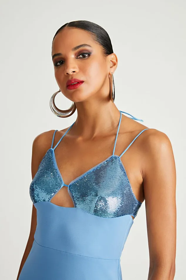 Dresses Women Halston Kasen Gown In Jersey and Sequin Tranquil Blue