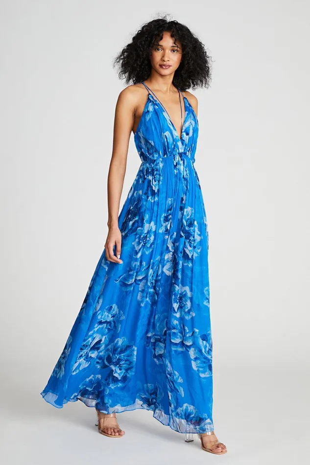 Dresses Women Halston Mindy Gown In Printed Chiffon Ocean Painted Floral Print