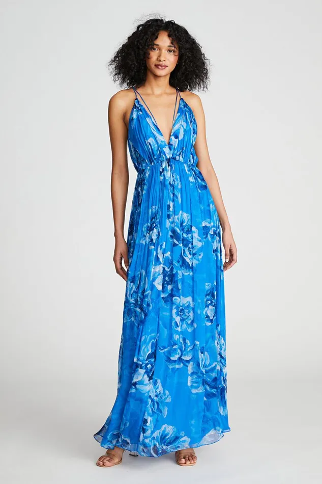 Dresses Women Halston Mindy Gown In Printed Chiffon Ocean Painted Floral Print