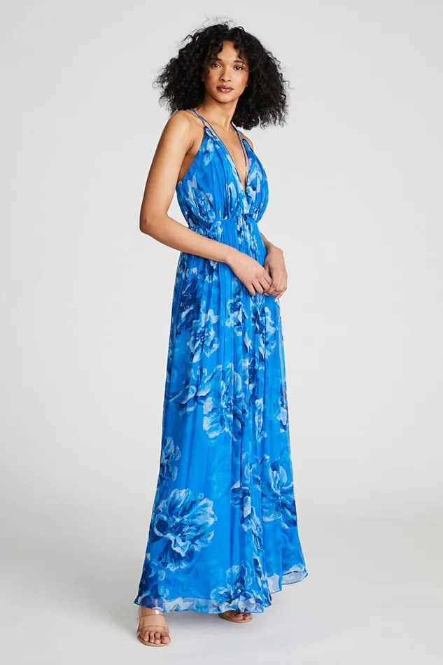 Dresses Women Halston Mindy Gown In Printed Chiffon Ocean Painted Floral Print