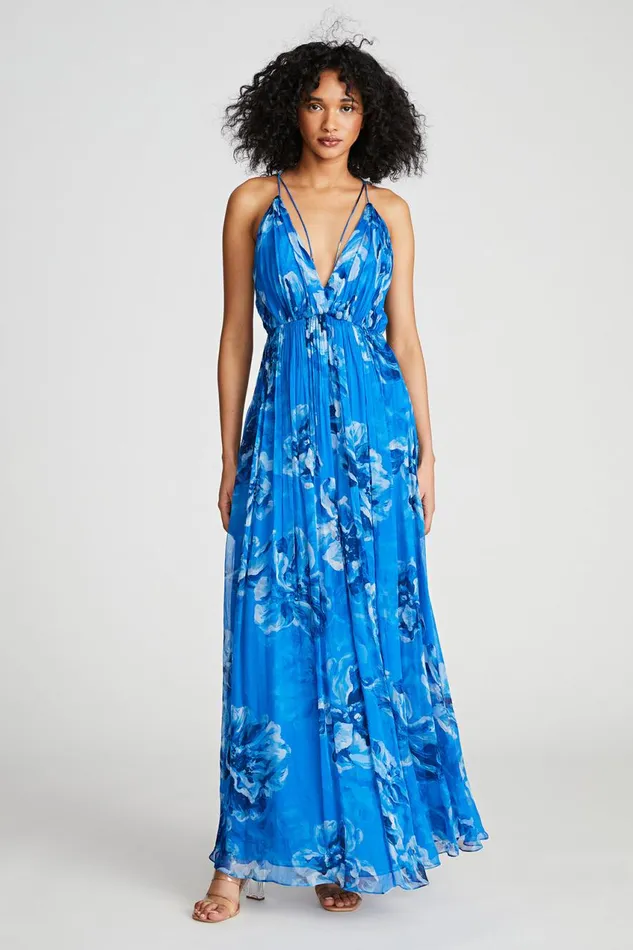 Dresses Women Halston Mindy Gown In Printed Chiffon Ocean Painted Floral Print