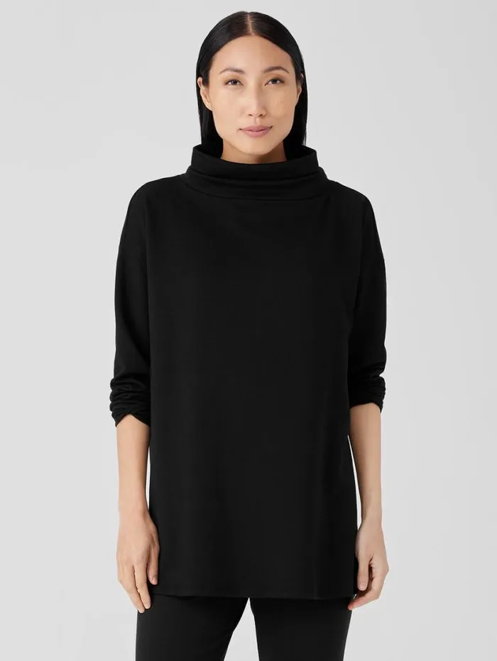 Eileen Fisher Petite Cozy Brushed Terry Hug Funnel Neck Long Top Black 8211 Shop