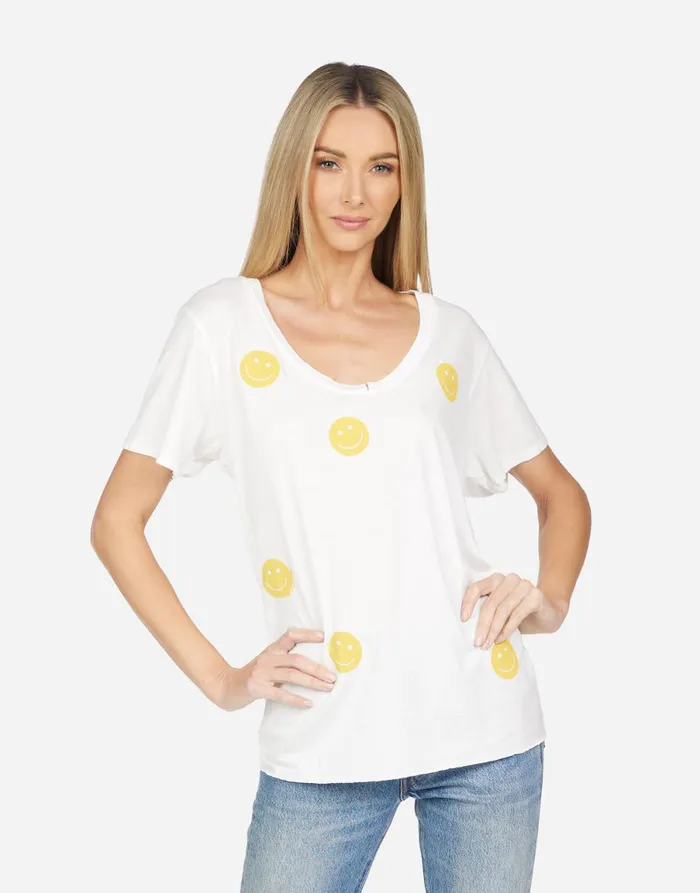 Elara All Over Yellow Smiley Milk Women039s Lauren Moshi Short Sleeve