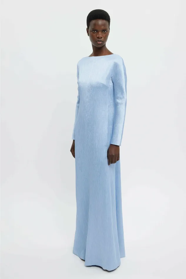 Emilia Wickstead Gowns Women Uriela Gown In Sky Blue Plisse Satin Emilia Wickstead Gowns Women Uriela Gown In Sky Blue Plisse Satin