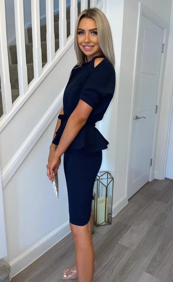 Everlyn Navy Cold Shoulder Peplum Midi Dress Women Missfiga Midi Dresses