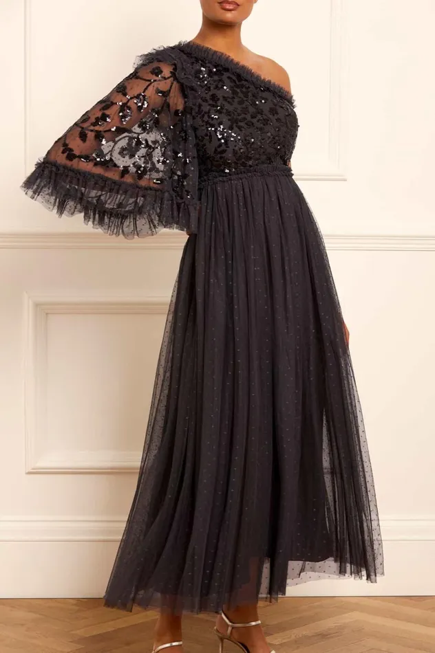 Falling Leaves Bodice OneShoulder Ankle Gown Black Women Needle and Thread Dresses