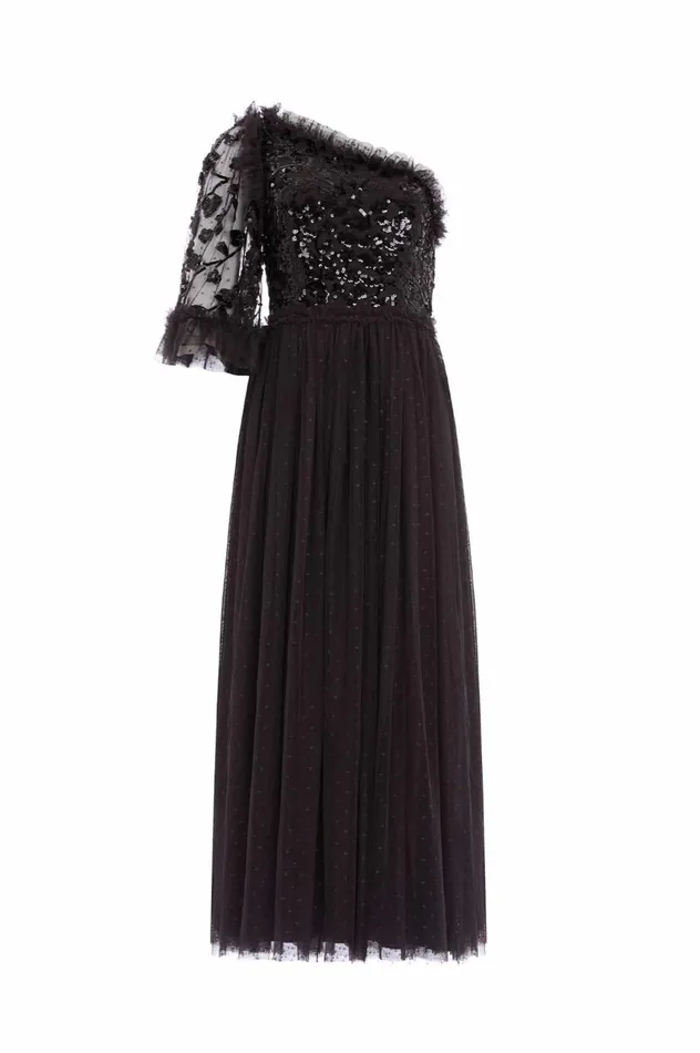 Falling Leaves Bodice OneShoulder Ankle Gown Black Women Needle and Thread Dresses