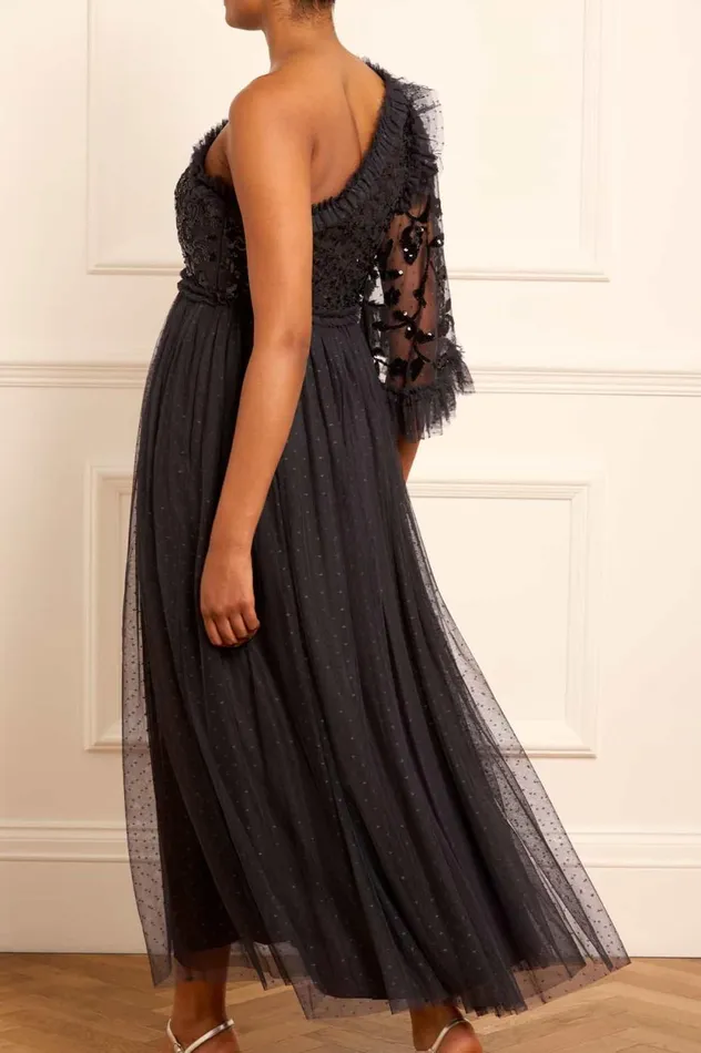 Falling Leaves Bodice OneShoulder Ankle Gown Black Women Needle and Thread Dresses