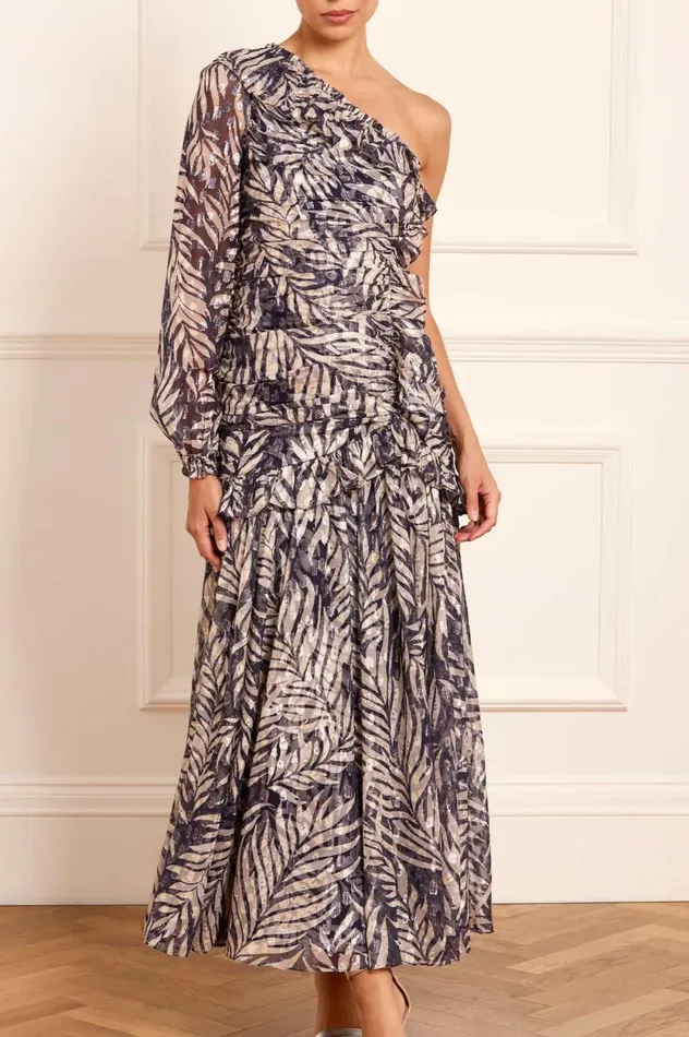 Feather Lurex OneShoulder Ankle Gown Blue Women Needle and Thread Dresses