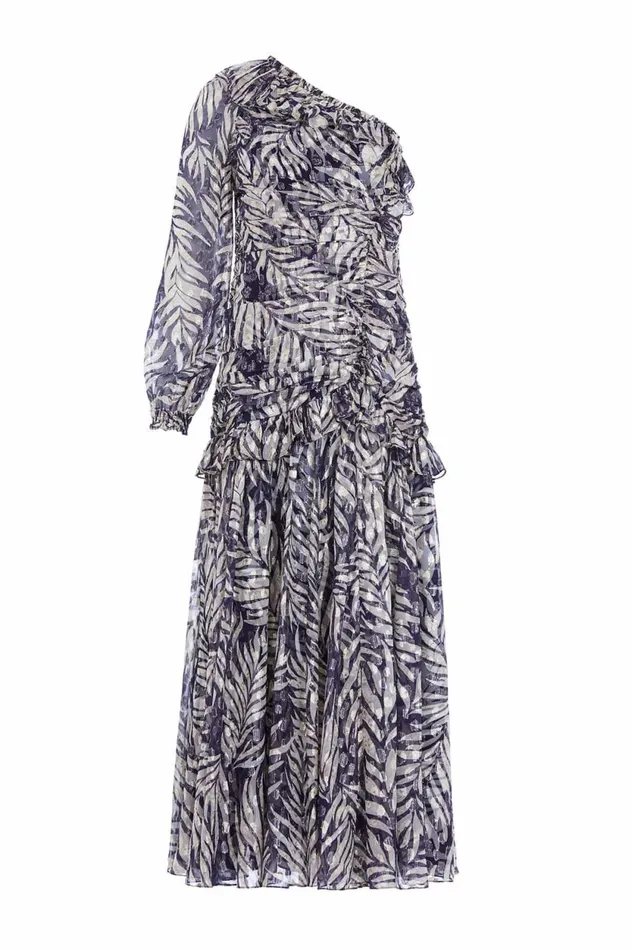 Feather Lurex OneShoulder Ankle Gown Blue Women Needle and Thread Dresses