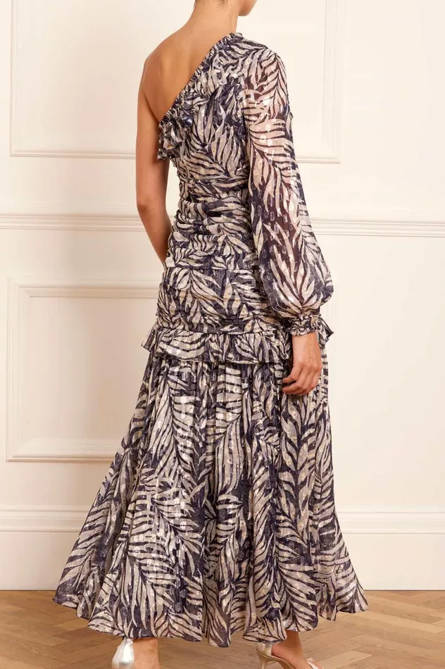 Feather Lurex OneShoulder Ankle Gown Blue Women Needle and Thread Dresses