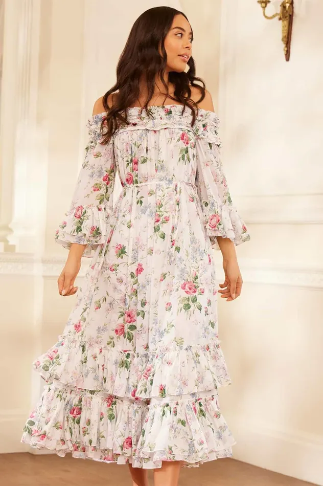Floral Fantasy Chiffon OffShoulder Ankle Gown Multi Women Needle and Thread Dresses