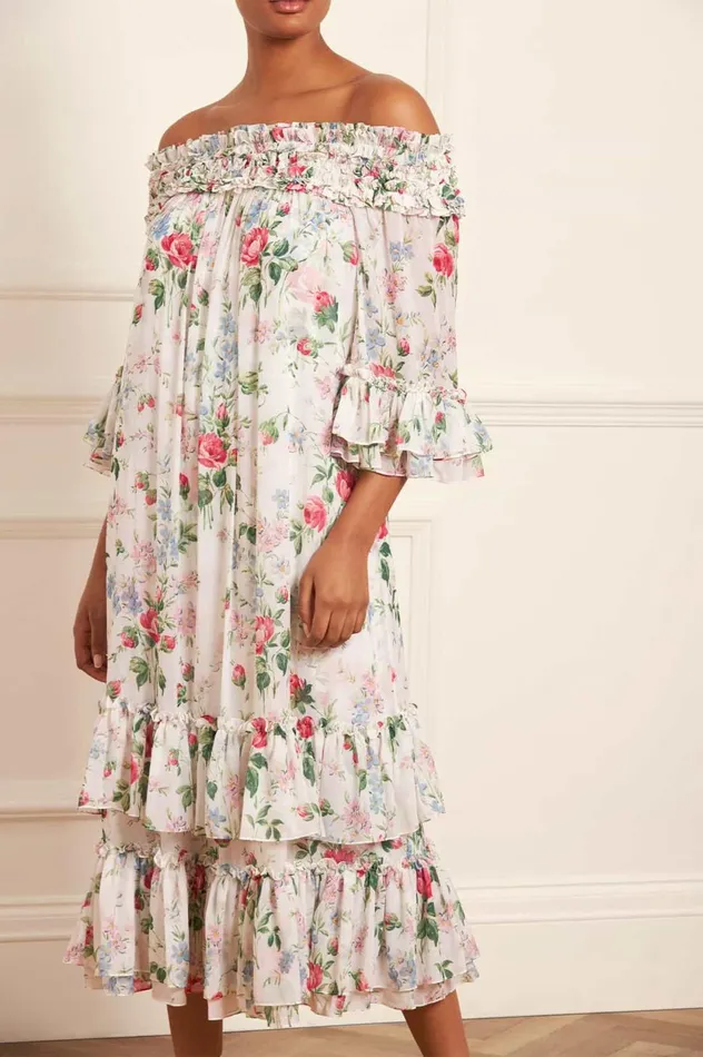 Floral Fantasy Chiffon OffShoulder Ankle Gown Multi Women Needle and Thread Dresses