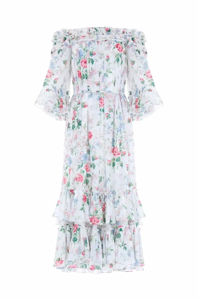 Floral Fantasy Chiffon OffShoulder Ankle Gown Multi Women Needle and Thread Dresses
