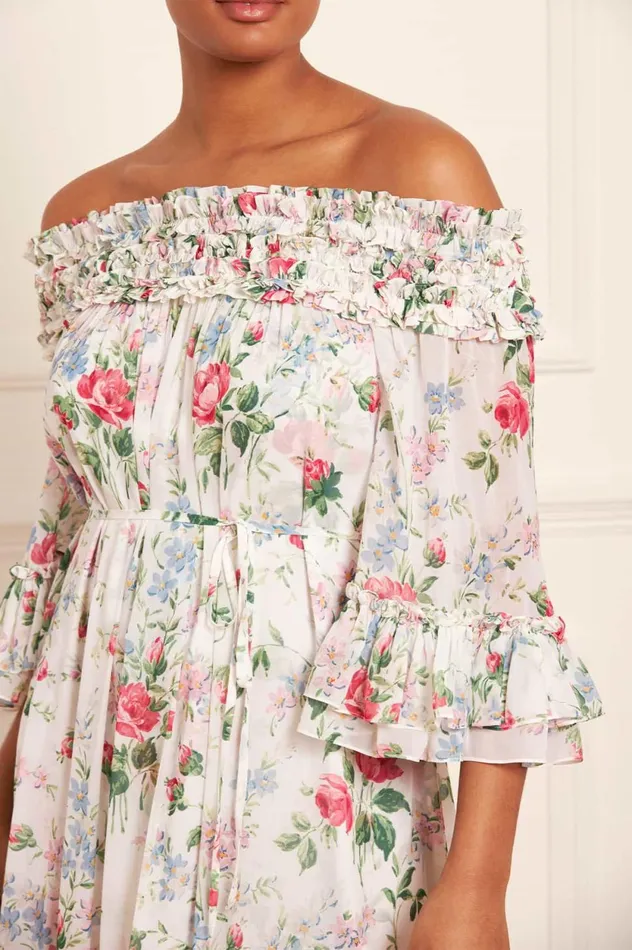 Floral Fantasy Chiffon OffShoulder Ankle Gown Multi Women Needle and Thread Dresses