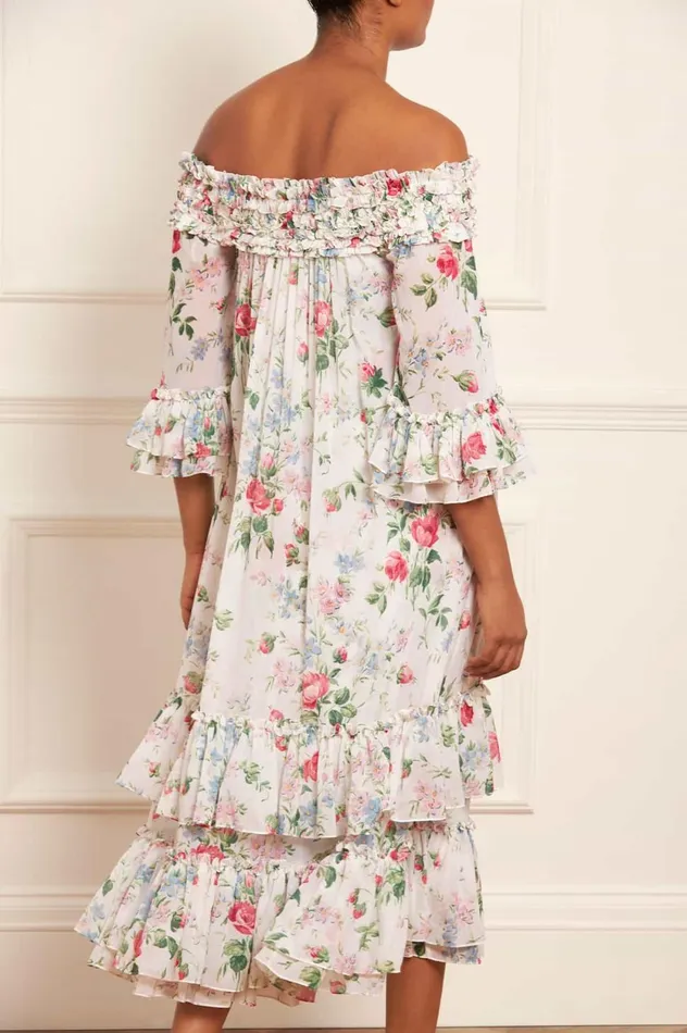Floral Fantasy Chiffon OffShoulder Ankle Gown Multi Women Needle and Thread Dresses