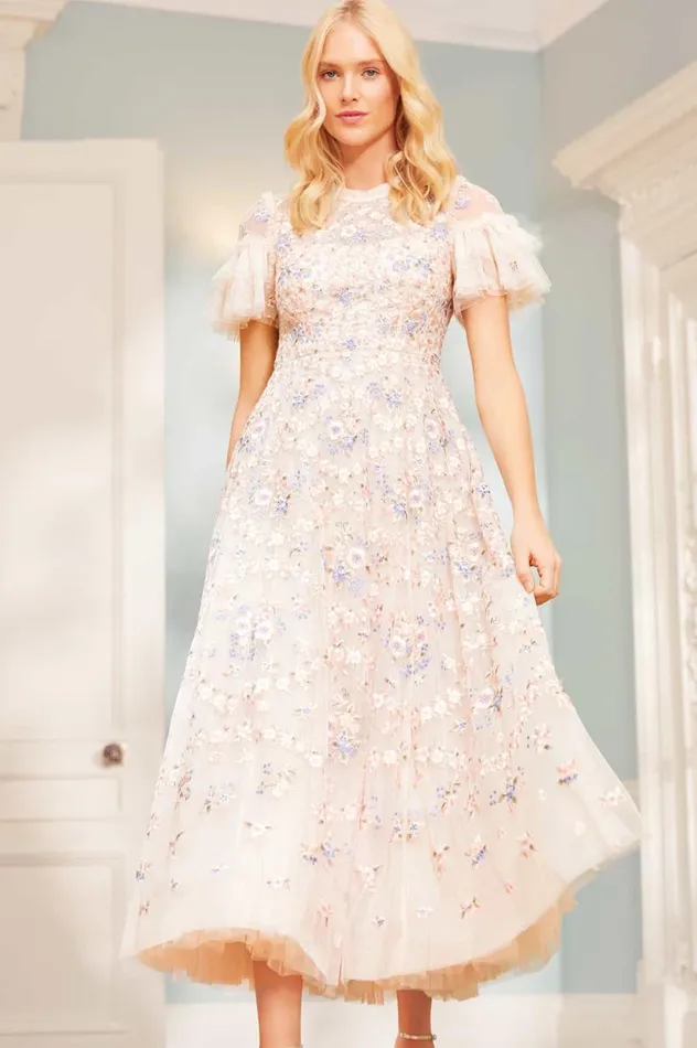 Floral Waltz Ankle Gown Champagne Women Needle and Thread Dresses