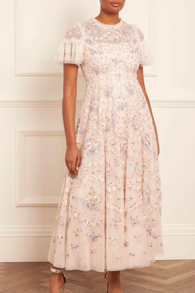 Floral Waltz Ankle Gown Champagne Women Needle and Thread Dresses