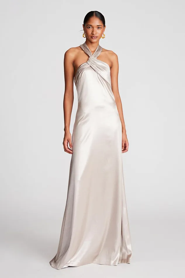Gowns Women Halston Raelynn Gown In Metallic Crepe Champagne