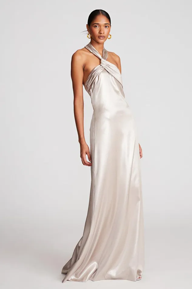 Gowns Women Halston Raelynn Gown In Metallic Crepe Champagne
