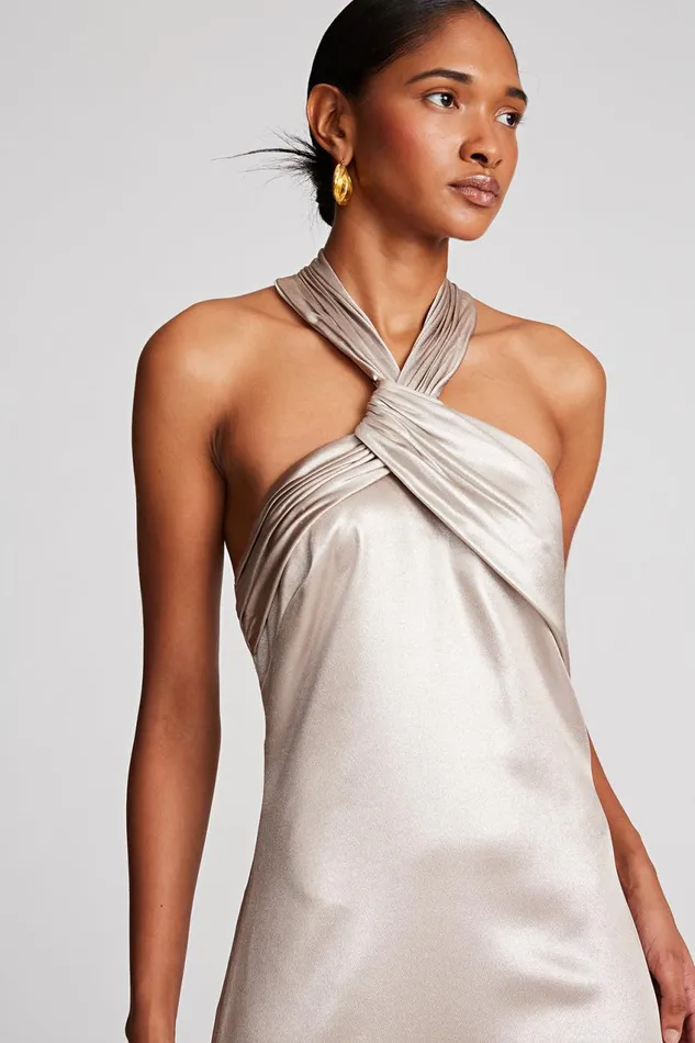 Gowns Women Halston Raelynn Gown In Metallic Crepe Champagne