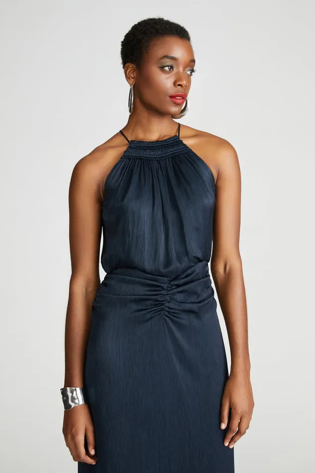 Gowns Women Halston Slub Micro Satin Gown Navy