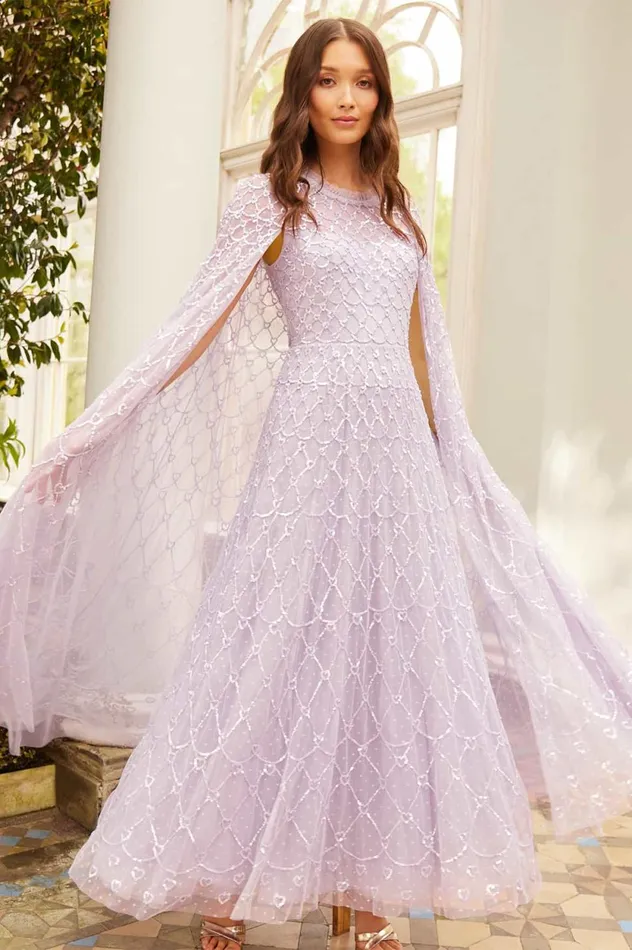 Heart Lattice Ankle Gown Purple Women Needle and Thread Dresses
