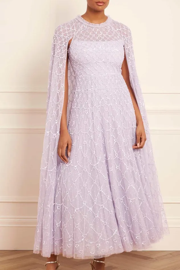 Heart Lattice Ankle Gown Purple Women Needle and Thread Dresses