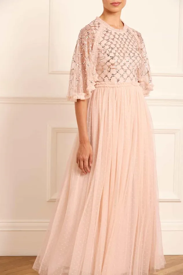 Heart Lattice Bodice Cape Ankle Gown Beige Women Needle and Thread Dresses