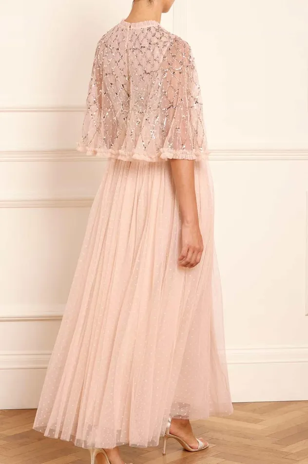Heart Lattice Bodice Cape Ankle Gown Beige Women Needle and Thread Dresses