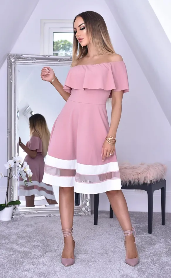Hope Pink Bardot Frill Contrast Flared Skater Women Missfiga Skater Dresses