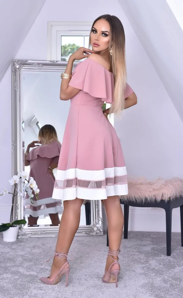 Hope Pink Bardot Frill Contrast Flared Skater Women Missfiga Skater Dresses
