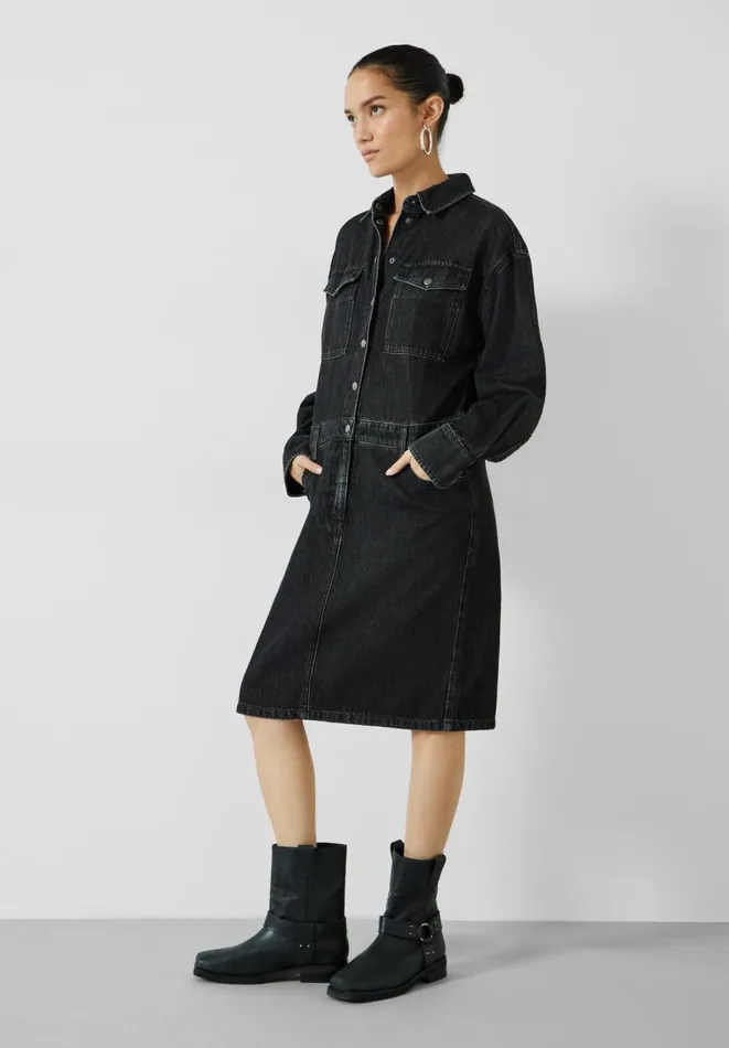 Hush Dresses Women Ria Knee Length Denim Dress Washed Black Hush Dresses Women Ria Knee Length Denim Dress Washed Black