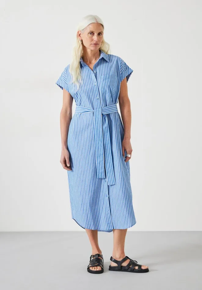 Hush Dresses Women Romee Cotton Midi Shirt Dress Blue White