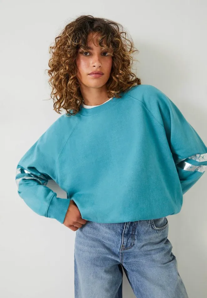 Hush Sweatshirts and Hoodies Women Metallic Stripe Relaxed Sweatshirt Teal