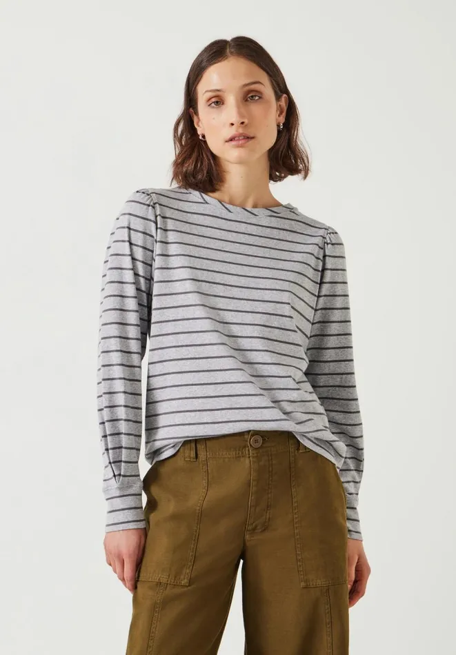 Hush Tops and Tshirts Women Emily Cotton Striped Puff Sleeve Top Grey Marl