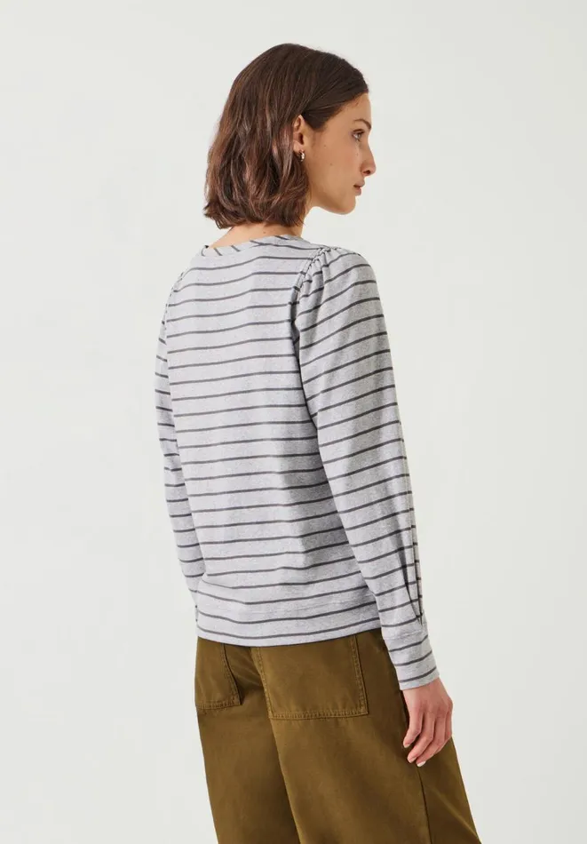 Hush Tops and Tshirts Women Emily Cotton Striped Puff Sleeve Top Grey Marl Hush Tops and Tshirts Women Emily Cotton Striped Puff Sleeve Top Grey Marl