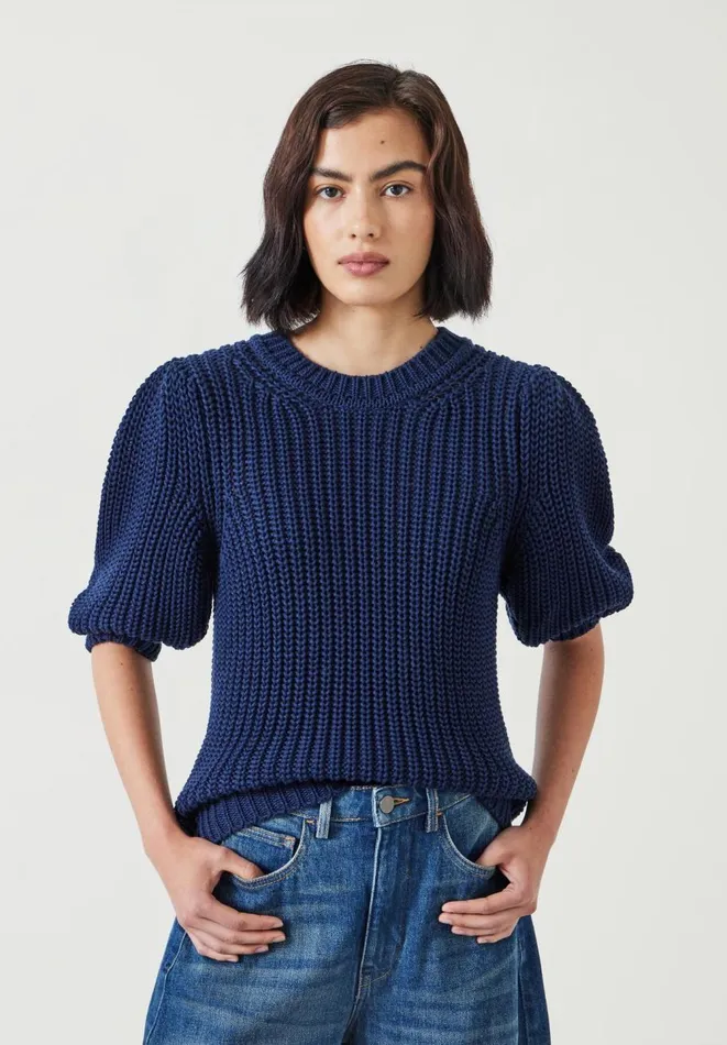 Hush Tops and Tshirts Women Jessie Cotton Puff Sleeve Ribbed Top Navy