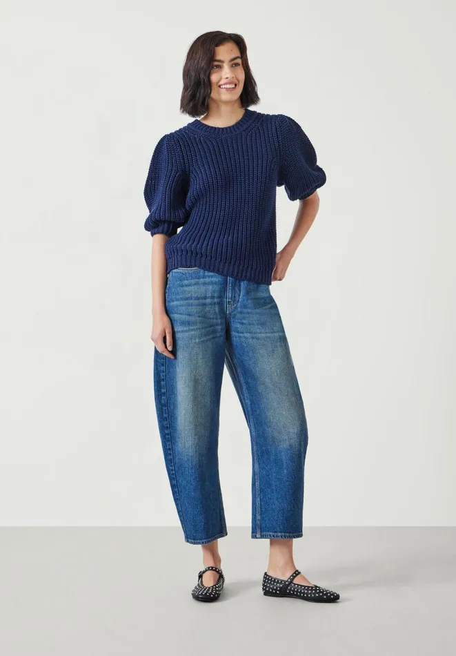 Hush Tops and Tshirts Women Jessie Cotton Puff Sleeve Ribbed Top Navy