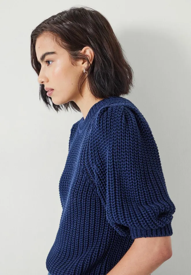 Hush Tops and Tshirts Women Jessie Cotton Puff Sleeve Ribbed Top Navy