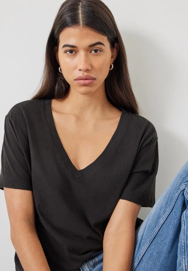 Hush Tops and Tshirts Women Linen Blend Deep V TShirt Black