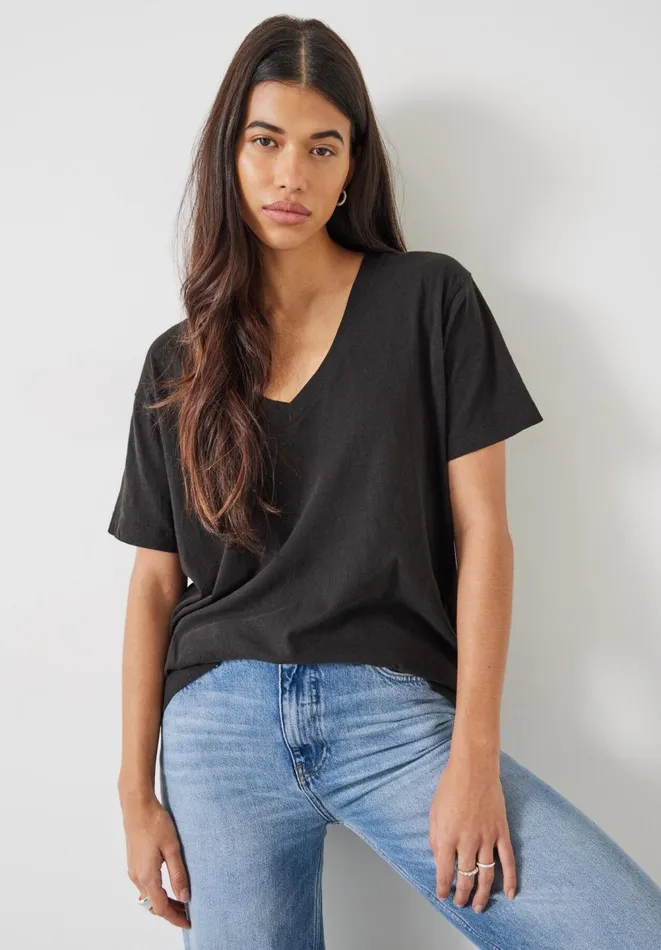 Hush Tops and Tshirts Women Linen Blend Deep V TShirt Black