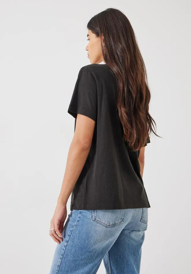 Hush Tops and Tshirts Women Linen Blend Deep V TShirt Black
