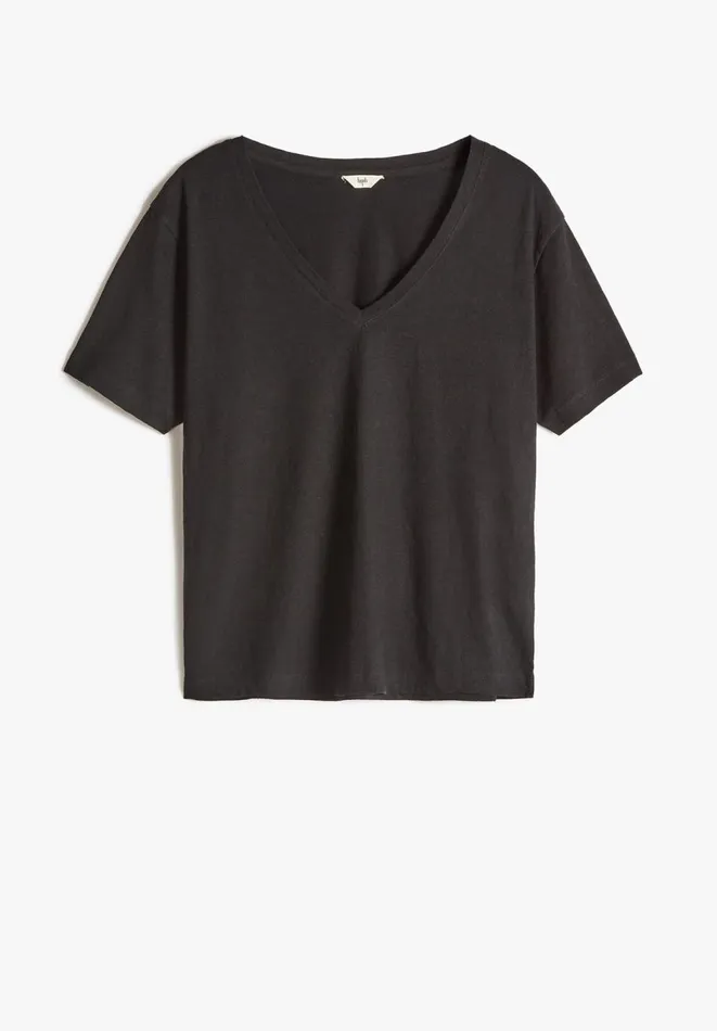 Hush Tops and Tshirts Women Linen Blend Deep V TShirt Black