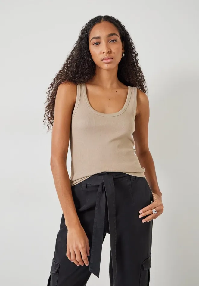 Hush Tops and Tshirts Women Ribbed Low Scoop Fitted Vest Latte