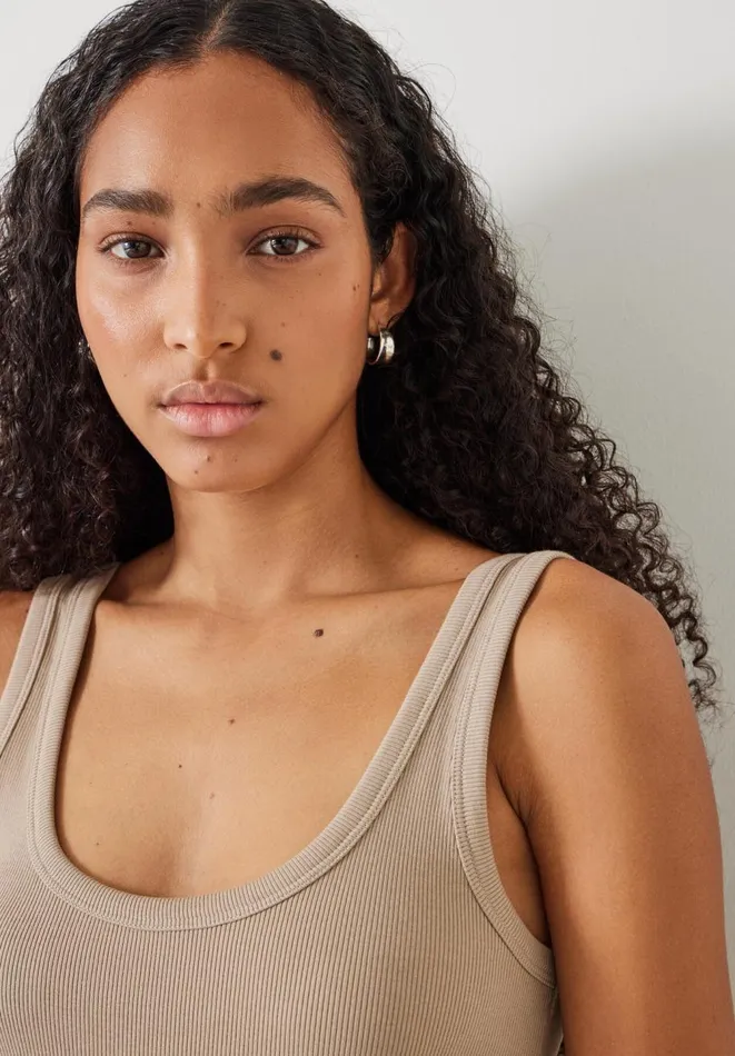 Hush Tops and Tshirts Women Ribbed Low Scoop Fitted Vest Latte
