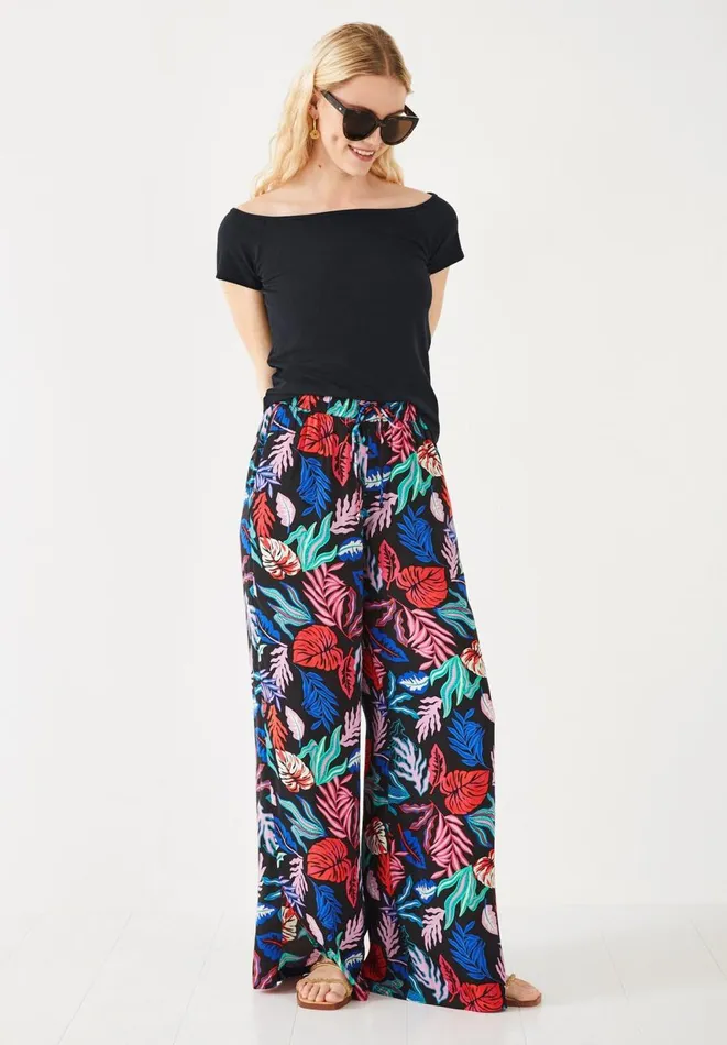 Hush Trousers Women Wide Leg Satin Trousers Bright Leaves