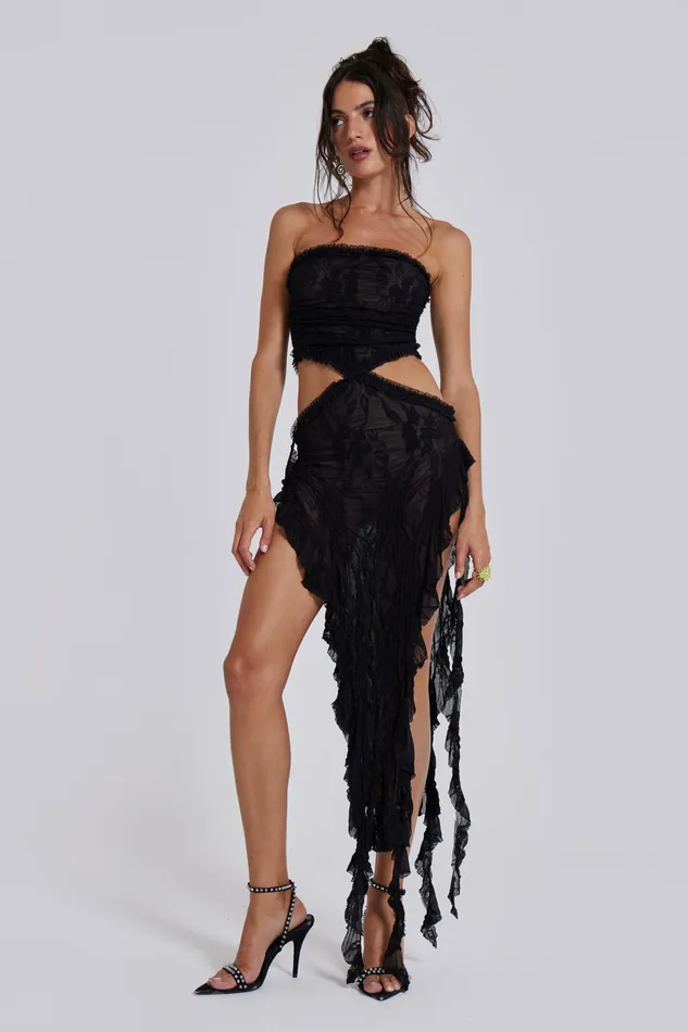 Jaded London Dresses Women Shop Gaia Scrunch Lace Midi Dress in Black